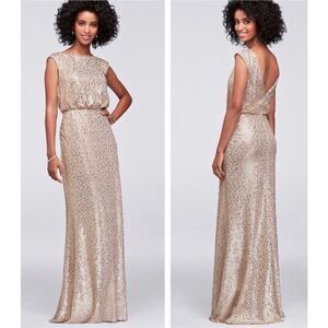 David’s Bridal Long Sequin‎ Sheath Blouson Maxi Dress Gown Cap Sleeves Gold XS
